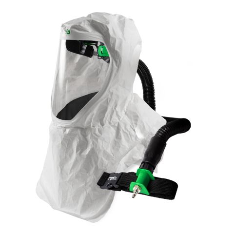 T200 Respirator includes: 17-200-13 Air Duct/Head Harness Assembly with 17-713 T-Link Sealed Seam hood, 04-833 Breathing Tube, 03-101 Constant Flow Valve