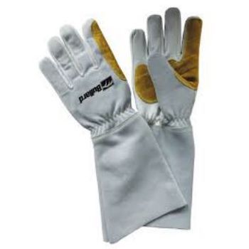 Leather blast glove, 8-inch cuff, Kevlar thread, reinforced cowhide palm, pre-curved fingers, medium, 6-pack